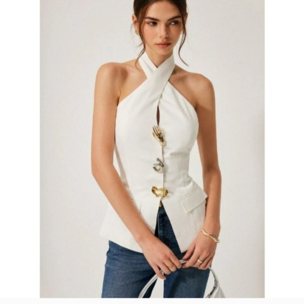 NWT Commense Chic White Halter Blouse with Gold Accents